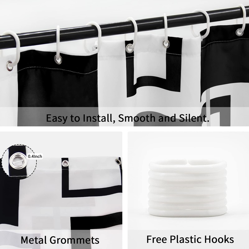 Black and White Shower Curtain, Black Grey Geometric Fabric Shower
