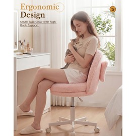 COMHOMA Vanity Chair with Wheels Velvet Tall Office Chair with Back,Armless Desk Chair Comfy Height Adjustable, Soft Lumbar Support for Girls Bedroom Home Vanity Bow Pillow for Gift Pink