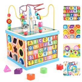 Qilay Wooden Activity Cube for Toddlers, 5 in 1 Multipurpose ABC-123 Abacus Early Educational Montessori Toys, Learning Toys for 3 Year Old | Bead Maze, Great for Boys Girls Toddlers
