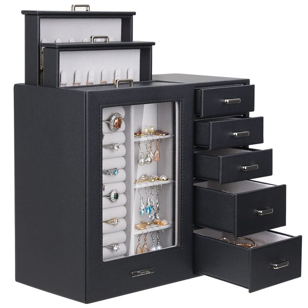 Homde Large Jewelry Box/Organizer/Case with Glass Window, Drawers for Necklaces Earrings Rings Bracelets Watches Gift for Women Girls (Black + Grey)