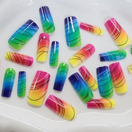 Colorful Gradient Press on Nails Medium Coffin Shaped Fake Nails Rainbow Color Designs Square Press on False Nails Glossy Acrylic Nails Summer Stick on Nails Art for Women Girls 24Pcs