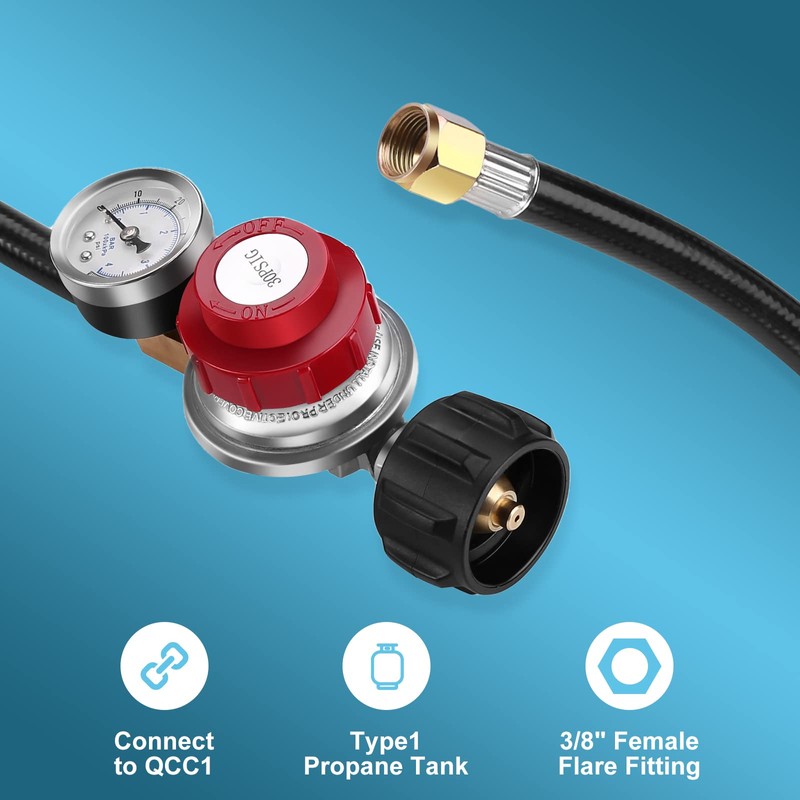 WADEO 4 FT 0-30 PSI Adjustable High Pressure Propane Regulator
