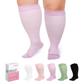 UISLII Plus Size Compression Socks Wide Calf Women Men,5 Pairs 20-30mmHg Extra Width Calf Bamboo Viscose Knee High Compression Socks for Circulation Support(Black+White+Purple+Green+Pink-2XL)
