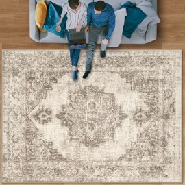 Area Rug 9x12 Vintage Rugs: Large Washable Indoor Medallion Rug Low Pile Distressed Floor Carpet Retro Accent Rugs for Living Room Bedroom Kitchen Dining Table Home Office(Taupe, 9'x12')