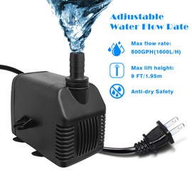 Pump 800GPH Ultra Quiet with Dry Burning Protection 8.8ft High Lift for Fountains, Hydroponics, Ponds, Aquariums (800GPH,24W)