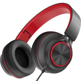 MIXCU Headphones for Kids Wired with Microphone, Foldable for School Girls Boys, 3.5mm Jack (Red)