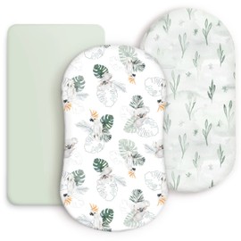 GRSSDER Stretch Ultra Soft Fitted Bassinet Sheets 3 Pack, Universal Fit for Bassinets Baby Cradle Moses Basket Oval Rectangle Mattress Safe and Snug, Stylish Watercolor Animals for Baby, Mint Green