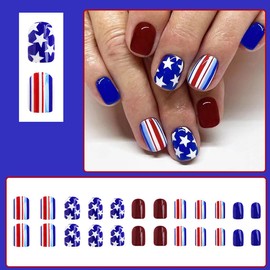 24pcs Red White Blue Vertical Stripes Press On Nails Short Coffin, Independence Day Fake Nails With Star Design, Full Coverage Glossy Acrylic Nails for Women DIY July 4th Manicure Holiday Gifts