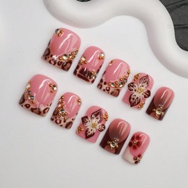 Handmade Short Square Press on Nails, Nude Pink Brown Gradient Fake Nails with Leopard Print, 3D Floral & Gold Rhinestone Charms, Glossy Reusable Full Cover False Nails for Women Daily Party(M)