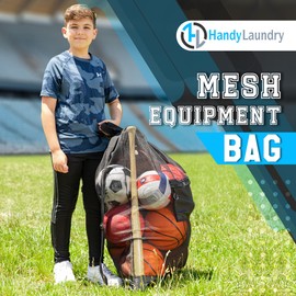 Handy Laundry Mesh Ball Bag 30x40 In - Up to 15 Balls, Large Capacity Sports Equipment Sack with Adjustable Shoulder Strap & Drawstring Closure - Durable Mesh for Soccer, Basketball & More (Black)