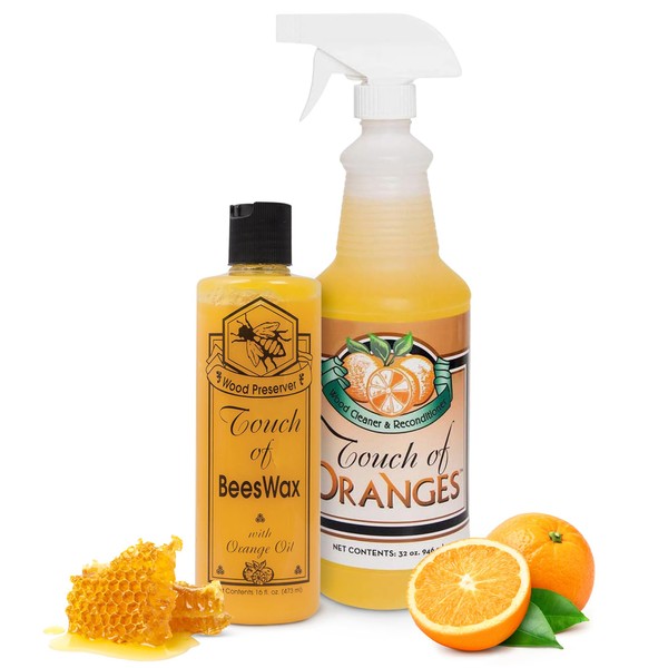 Touch of Oranges Beeswax Wood Polish Conditioner, Cleaner & Restorer Bundle Hardwood Floor Cleaner Spray Real Orange Oil - (32 & 16 oz )