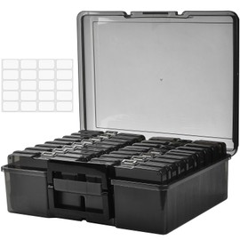 ALINK Photo Storage Box with Handle, 4" x 6" Photo Organizer Storage Container with 16 Inner Case and 1 Sheet Label for Pictures, Arts, Crafts, Sewing, Stickers, Seeds, Office Supplies - Black