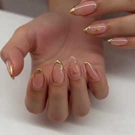 SXVME Press on Nails Short Almond False Nails with 3D Gold Line Stars Design Fake Nails Short Stiletto Luxury Acrylic Nails Glossy Full Cover Nude Pink Stick on Nail for Women 24 Pcs