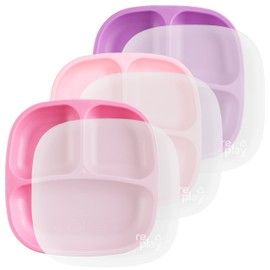 Re Play Plato dividido de 7 pulgadas con tapa de silicona, paquete de 3 – Fabricado con silicona platino de grado médico – 3 platos + 3 tapas – Princesa