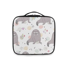 Cute Sitting Sea Lions Doddle Circles Hearts Crowns Seamless Large Women Makeup Bag, Train Toiletry Storage Case, Portable Coin Purse Holder Zipper Pouch Travel Cosmetic Organizer for Women and Girls