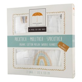 Mama Poppins Swaddle Blanket with Sweet Lettering Lucky Child 100% Muslin Organic Cotton 2-Ply, Extra Soft and Fluffy, 120 x 120 cm, Swaddling Cloth, Nursing Cover, Burp Cloth and Pram Blanket