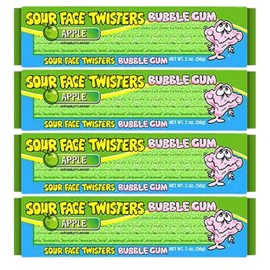 Face Twisters Sour Bubble Gum Straws – Sour Apple Flavor, 4 Packs (2 oz Each), Individually Packaged