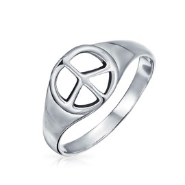 Retro Hippie Simple .925 Sterling Silver Open Symbol World Peace Sign Ring Band For Teen Women's