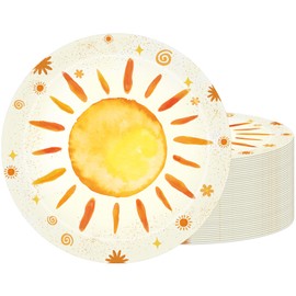 Sun Plates,60Pcs 7Inch First Trip Around The Sun Plates,Boho Hippie Sunshine Party Tableware Set,Sunshine Yellow Paper Plate,for Baby Shower,1st Birthday Party Decorations Supplies,Serves 60