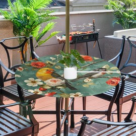 KNEMI Outdoor Round Tablecloth with Umbrella Hole, Birds Flowers Patio Table Cover Fitted Tablecloth Waterproof Umbrella Table Cover for Party Picnic,Fit for 36"-44" Round Tables
