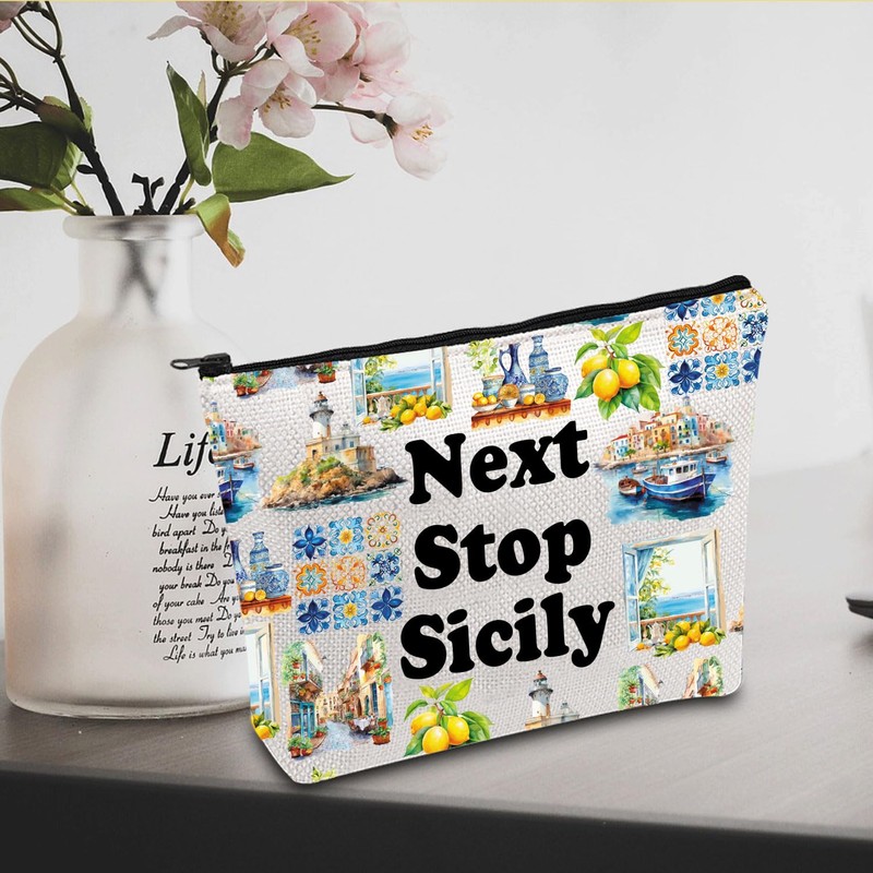 JXGZSO Sicily Trip Gift Next Stop Sicily Makeup Bag Italy