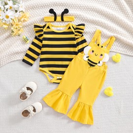 Newborn Baby Girl Spring Clothes Set Striped Long Sleeve Romper Jumpsuit Bee Patch Long Flare Suspender Overalls Headband Outfits (Yellow, 12-18 Months)