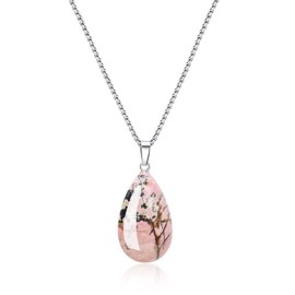 COAI Stainless Steel Necklace Teardrop Necklace for Women, Black Veins Rhodonite Necklace
