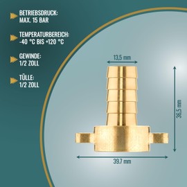 POPPSTAR 2 x Hose Connector 1/2 Inch Brass (Including Union Nut with Flat Seal) Hose Fitting 1/2 Inch Female Thread to Hose Nozzle 1/2 Inch (12.7 mm)