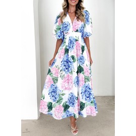 Sissyaki Women's Boho Floral Midi Dress Smocked Beach Flowy Dress Hydrangea Pink Blue Print S