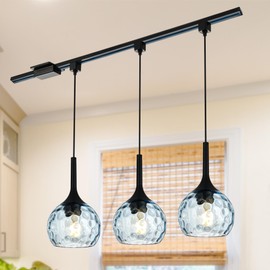 VINLUZ 3 Pack Pendant Light with Blue Round Ribbed Glass Shade, H-Type Track Lighting Fixture Farmhouse Chandelier for Dining Room in Black Finish
