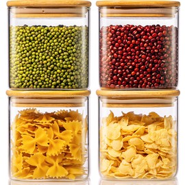 27oz - 4 Pack Square Glass Jars with Bamboo Lids, Glass Food Storage Containers with Airtight Lids for Kitchen, Air Tight Pantry Storage Containers for Cereal, Pasta, Rice, Sugar, Coffee, Spice