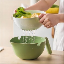 Elite Aiwei 2-1 Kitchen Colander Rotating Washing Basket with Handle-Pasta Strainer-fruit strainer-fruit washing bowl with strainer-fruit rinser strainer container (Avocado Green)