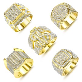 FIOROYAL 5Pcs Bling Pinky Ring for Men 18K Gold Plated Simulated Diamond Ring Hip Hop Iced Out Mens Gold Ring V8