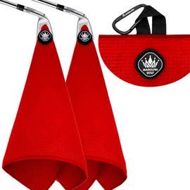 MAGOLFIN 2-Pack Magnetic Golf Towel with Clip, Soft Microfiber Waffle Design - Industrial Strength Magnet for Strong Hold to Golf Bags, Carts & Clubs - Red