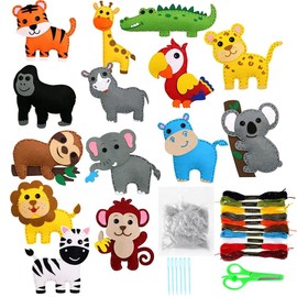 Glamifyr 14 Pieces DIY Sewing Kit Children's Animal Shapes Felt Craft Set, Kiddy Wonder Sewing Fun, Sewing Children from 4 and Beginners, Animal Sewing Craft Set, with Filling Wadding, Plastic Needles