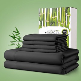 Shilucheng 100% Viscose Derived from Bamboo_ Sheets Queen Size 6pcs, Ultra Soft & Luxuriously Cooling Bed Sheets, Deep Pocket Up to 16", Hotel Silky Bedding Set (Black)