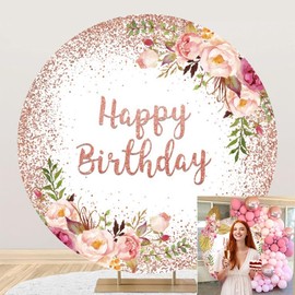 OERJU 6.5x6.5ft Rose Gold Birthday Round Backdrop Cover Pink Rose Flowers Circle Backdrop Girls Women 20th 30th 40th 50th Birthday Party Decoration Background for Photography Photo Studio Props
