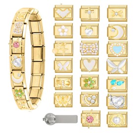 ITingstere Italian Charms Bracelet Sets with 1Pcs Gold Brascelet,20Pcs Charms and Opening Tools,9mm Italian Modular Charm Bracelet Link Handmade