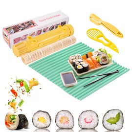 FrZslpka DIY Sushi Making Kit,5PCS Sushi Maker Roller Bazooka Kit with Rice Ball Mold,Bamboo Mat,Silicone Mat and Avocado Knife,Perfect for Beginners and Kids to Make Your Own Roll at Home,Yellow