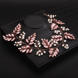 Teyglen Bridal Pink Rhinestone and Pearl Hair Vine Bride Rhiestone Wedding Headband Handmade Rhinestone Pearl Hair Piece Hair Accessories for Women(Pink)