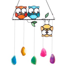 BSLKAC Stained Glass Multicolor Owl Suncatcher Panel with Agate Stones - Window Hanging Art for Garden & Indoor Decor - Vibrant Rainbow Maker Hummingbird Ornamentand Gift for Women and Bird Lovers