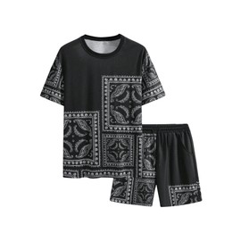 OYOANGLE Men's 2 Piece Outfits Boho Paisley Print Short Sleeve Top and Drawstring Shorts Set Tracksuits Black X-Large