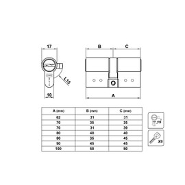Amig - Security Cylinder - Lock for Doors - High Security Cylinder - Anti-Bumping, Anti-Pick, Anti-Drill - Includes 3 Keys - Long Cam - Matte Silver - Size: 100 (50-50 mm)