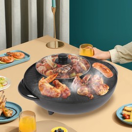 Black Circular Edition Hotpot Grill Combo Indoor BBQ, Indoor Electric Grill, Electric Hot Pot with Divider, Portable Smokeless Grill For Parties, 14.17 * 14.17 * 4.33 inch