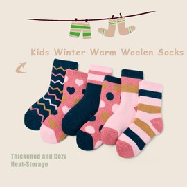 Children's Wool Socks Boys Warm Winter Socks Thick Crew Thermal Socks Cartoon Construction Vehicle Socks 6 Pairs, Mix striped polka dots