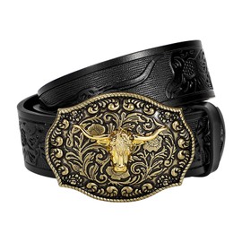 TRIWORKS Mens Western Cowboy Belt Cowgirl Belt with Floral Engraved Buckle Belt for Jeans
