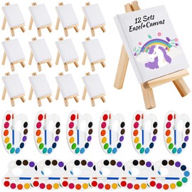 Mini Watercolor Paint Sets 12 Colors Watercolor with 3 x 3'' Painting Canvas Panel with Wooden Easel Set Stretched Canvas Display Easel Painting Brush Kit for Kids School Art Party Favors (24 Pcs)
