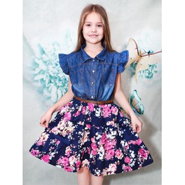 YJ.GWL Girls Dresses, Denim Tops Flower Girl Dress, Princess Dresses for Girls, Girls Summer Dress Casual Outfits, Party Dresses Fashion Clothes for Girls 5-6 Years