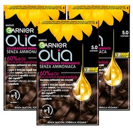 Garnier Olia Permanent Hair Colour without Ammonia, Colouring with Flower Oils of Natural Origin with Brightening and Nourishing Effect, Colour 5.0 Brown - 3 Packs