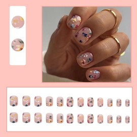 24 Pcs Spring Press on Nails Extra Short Square - LINMEIZAI Nude Short Fake Nails Press ons Nail Tips Glue on Nails Full Cover Acrylic Nail Kit False Nails with Small Flower Nail Art Design for Women